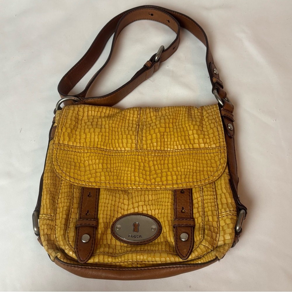 Fossil Maddox Yellow Brown Croc Embossed Leather Crossbody Bag Boho